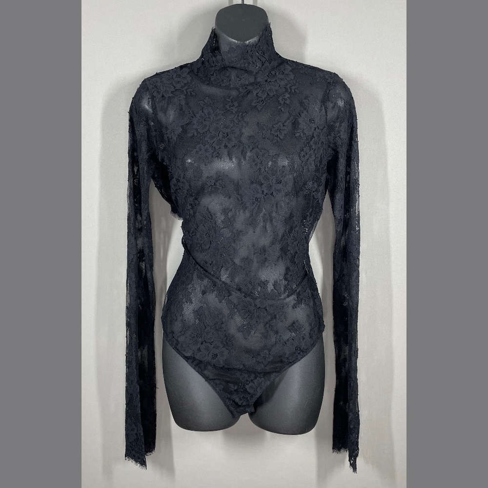Zara Black Lace Long-Sleeve Turtleneck Bodysuit